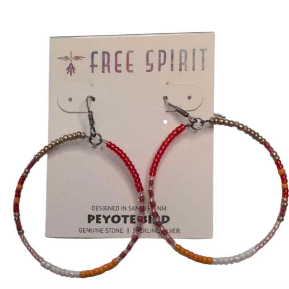 NWT Peyote Bird Red and Orange Beaded Hoop Earrings Sterling Silver